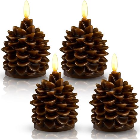 Lot de 4 Bougies LED Pomme de Pin Marron en Cire Véritable, Sans Flamme, Effet Vacillant, Décoration Noël et HiverCafé (1/5)
