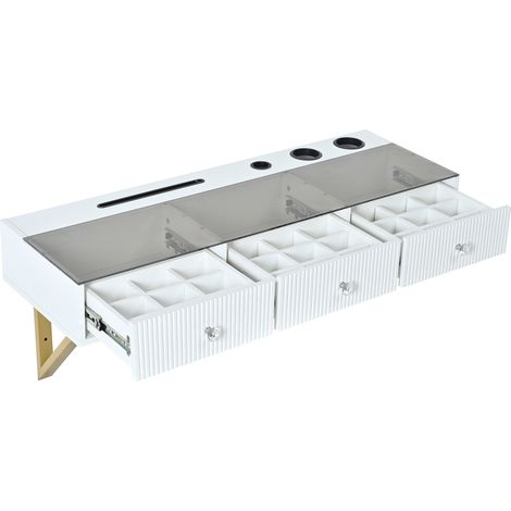 Tocador blanco con 3 cajones, tablero de vidrio, soporte para tablet y portavasos MODENUIT (1/5)