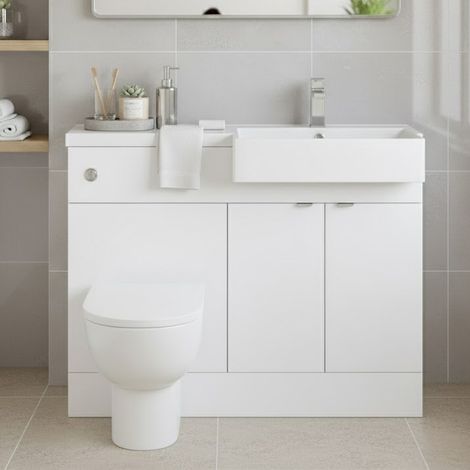 Hudson Reed Fusion RH Combination Unit with Square Semi Recessed Polymarble Basin 1100mm Wide - Gloss White (1/4)