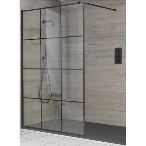 Milano Barq Black Recessed Walk In Wet Room Shower Enclosure with Grid Pattern Screen  Support Arm and Light Grey Slate Effect Tray - 1400mm x 800mm (1/5)