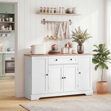 Credenza da cucina con cassetto, ripiani sulle ante, ripiani regolabili, angolo caffè, 138x40x83,5 cm, bianca
