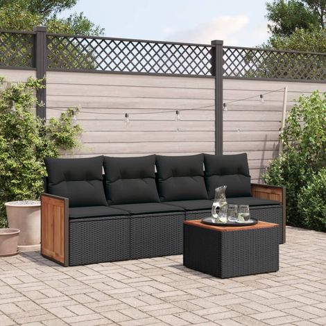 Ensemble Salon Jardin 5 Places Noir Résine Tressée avec Coussins et Table Acacia - Mobilier Extérieur Modulaire avec Rangement (1/3)