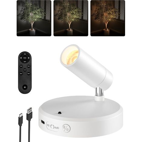 Spot mural sans fil 1800 mAh, 3 couleurs, à intensité variable, avec télécommande, rechargeable, pour éclairage d'images, éclairage des plantes (1, blanc) [Classe énergétique A] (1/5)