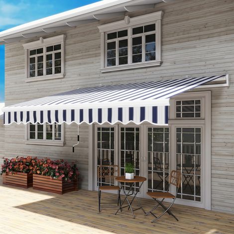 Storelle escamotable avec manivelle, protection solaire, cadre en métal, polyester, bleu et blanc, 3,95 x 2,45 x 3,50 m. (1/5)