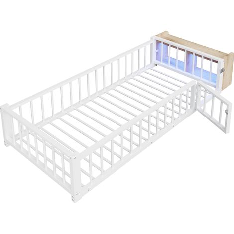 Letto per bambini in metallo 90 x 200 cm con sponda, vano aperto e striscia LED, bianco (1/5)
