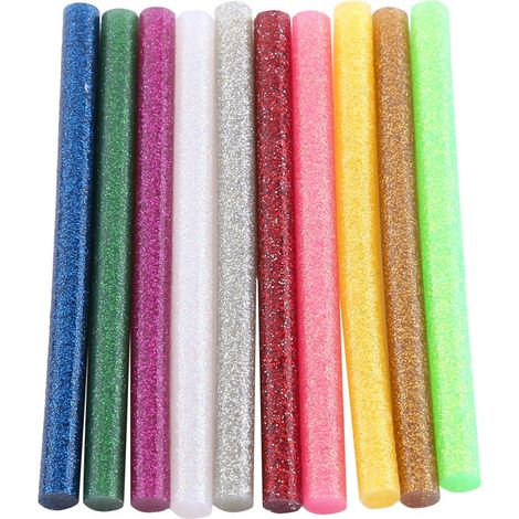Lot de 10 bâtons de colle thermofusible de couleurs assorties, adaptés aux outils de loisirs créatifs.