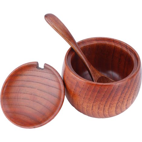Boîte à Sel en Bois avec Cuillère et Couvercle, Récipient à Épices Vintage pour Cuisine (1/5)