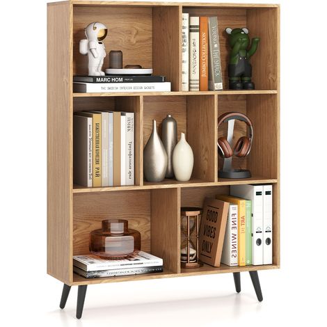 COSTWAY 7-Cube Bookcase Mid Century Modern Storage Organizer-Natural (1/5)