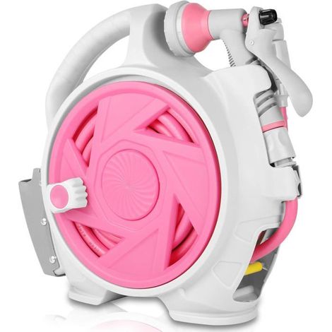 Enrouleur Rétractable pour Jardin 45+5 FT avec 7 Buses - Fixation Murale Verrouillage Longueur Lavage Voiture Animaux Rose (1/5)