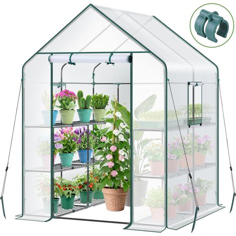 Serre de Jardin Serre Tomates de Jardin Exterieur Tente en Plastique 3 Niveaux avec 12 Étagères pour Légumes Plantes Fleurs, Bâche Renforcée en PE Solide & Facile à Monter 143x143x195 cm Blanc (1/5)