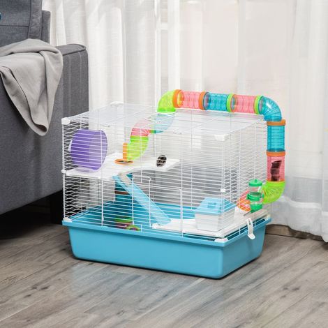 Dreistöckiger Käfig für Hamster, Ratten und andere Nagetiere mit Tunnel, Trinkflasche, Laufrad, Häuschen und Leiter. Maße: 59 cm (L) x 36 cm (B) x 47 cm (H). (1/5)