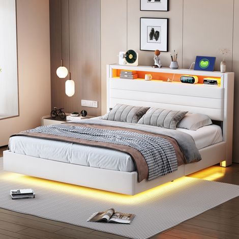 Lit Capitonné 140x200cm - Avec LED, USB & Rangement Hydraulique - Pour Chambre - Beige (1/5)
