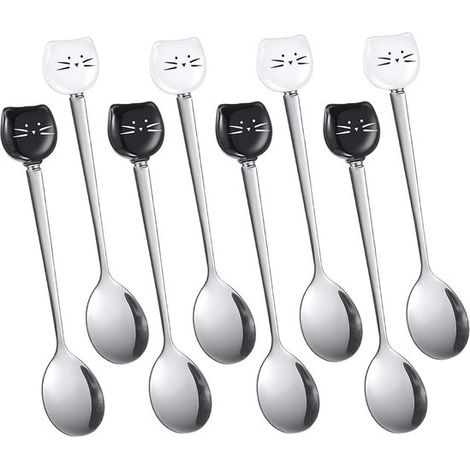 Juego de 8 cucharillas de café de acero inoxidable para amantes de los gatos: lindas cucharillas para helados y postres. (1/5)