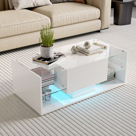 Table basse rectangulaire 100 x 50 x 35 cm - Style nordique moderne - Éclairage LED RGB - Grand espace de rangement - Idéal pour le salon - Blanc (1/5)