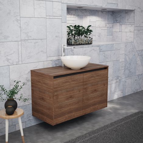 Inda - Badezimmerschrank B.100 mit Aufsatzwaschbecken / Braune Eiche 2 Türen - Saphir (1/5)