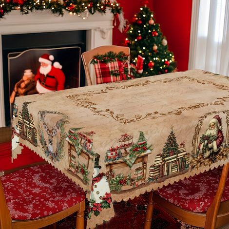 1pc Nappe de Noël, Nappe Rectangulaire&Ronde, Style Rétro, Père Noël, Renne, Bonhomme de Neige, Design de Meubles Vintage, Décoration du Nouvel An et (1/5)