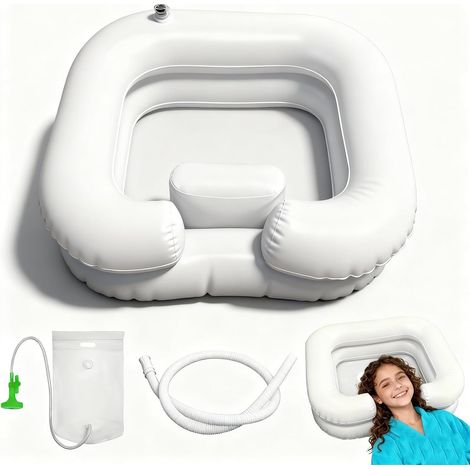 Bac à shampoing gonflable domicile, bassine cheveux lit avec douchette, réservoir d’eau et vidange, lavabo coiffure portable spa pour soins à domicile et baignoire (Blanc) (1/5)
