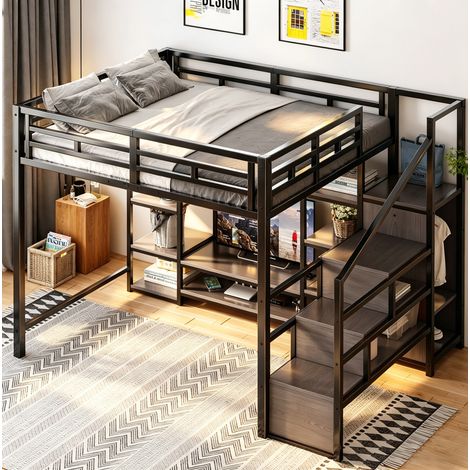 REDOM Cama alta 251x96x174 cm, con soporte para TV y enchufe, escalera de almacenaje, metal y MDF negro (1/5)