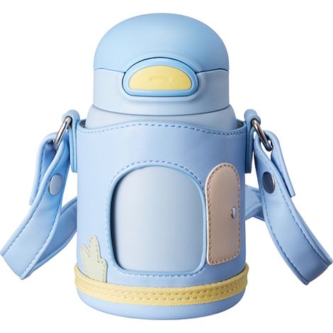 Gourde enfant isotherme 480ml en acier inoxydable, tasse sous vide à long maintien au chaud, avec manchon amovible bleu et motif cartoon. (1/5)