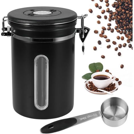 Lata de café hermética - Contenedor de café en grano de acero inoxidable de 1,8 l, recipiente de almacenamiento de café en grano al vacío con cuchara medidora, válvula de CO2 y fecha de caf (Negro) (1/5)