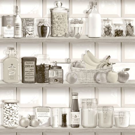 Papier peint étagère cuisine vintage sépia blanc (1/2)