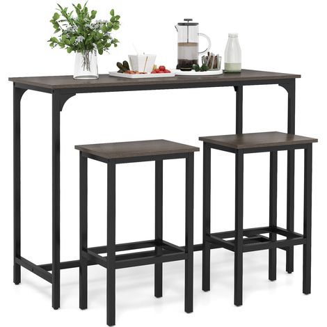 COSTWAY 3Pcs Dining Table Set 47.5” Counter-Height Kitchen Table-Gray (1/5)