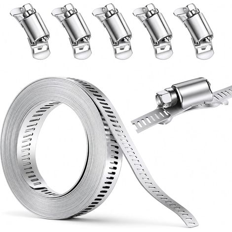 Kit Colliers de Serrage 2 m Inox 304 avec 5 Fermetures Réglables  Bande perforée inox, collier ajustable DIY, tuyau d’eau, conduite de gaz, automobile, piscine, lave-linge, jardin, réparation (1/5)