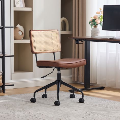 Chaise de bureau vintage en rotin à roulettes - Chaise de bureau pivotante réglable avec assise en cuir et structure en bois pour bureau à domicile, bureau, salon (marron) (1/4)