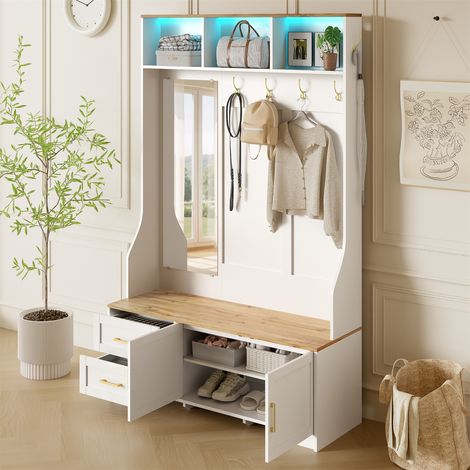 Garderobe mit LED, Spiegel, Haken und Schubladen – Flurmöbel mit Stauraum und Ablagefläche – 120 x 40 x 187 cm – Weiß