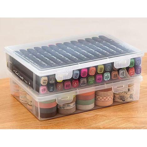 Lot de 2 boîtes de rangement en plastique C5 avec couvercle - Boîte à crayons portable avec couvercle - Boîte d'archivage portable avec fermeture hermétique - Empilable pour papier, papeterie (1/5)