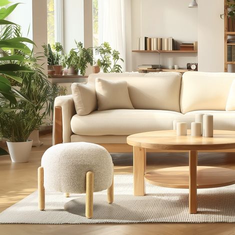 LEOPOLD - Pouf en tissu effet laine beige et pieds bois (1/5)