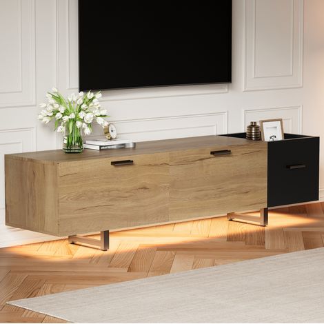 Meuble TV en bois d’ingénierie noir et décor bois, 180 x 38 x 49 cm, rangement à tiroirs, niches ouvertes et LED (1/5)