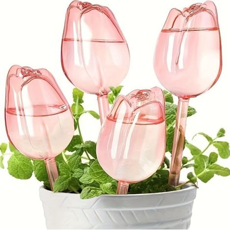 4 arroseurs automatiques en forme de tulipe avec pointes en terre cuite, outil d'arrosage pour plantes de jardin (rose) (1/5)