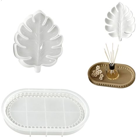 Silicone Tray Moulds, Resin Moulds – 2 Pieces Epoxy Resin Trays Monstera Leaf and Oval Beaded for Coasters, Jewellery Storage, Home Decoration (1/5)
