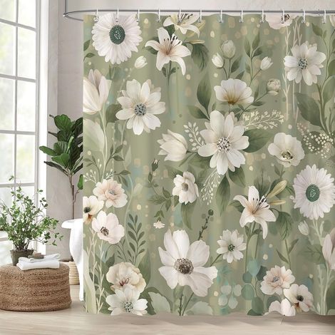 Rideau de Douche Boho Floral 180 x 180 cm, Orange Vert Fleurs Mid-Century Rétro Bohème Plantes Feuilles Rideaux de Baignoire pour Salle de Bain, Imperméable Anti-Moisissures Tissu avec 12 Crochets (1/5)