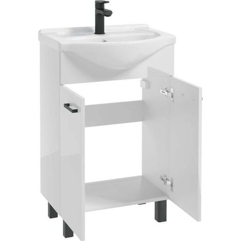 Meuble de salle de bains avec vasque 55 cm, sur pied, blanc brillant, pieds MEA (1/5)
