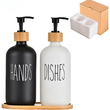 Distributeur de savon 2 pièces - Pompe à savon - Verre - Noir et blanc - Ensemble de distributeurs de savon fixes pour salle de bain et douche Noir/Blanc (1/5)