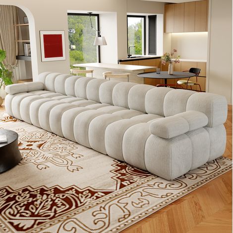 Divano lineare 4 posti 400x100x68 cm in ciniglia bianca senza montaggio FloraGrace (1/5)