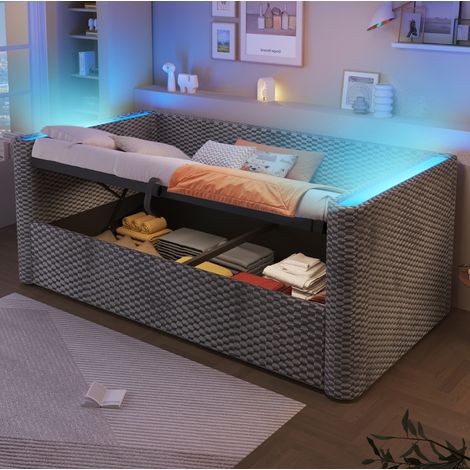 sofá cama de terciopelo gris 90x200 cm con almacenaje hidráulico, LED y somier de láminas (1/5)