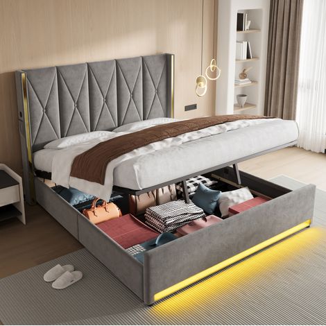 Cama con almacenaje 180x200 cm gris oscuro de terciopelo con LED, USB y elevación hidráulica (1/5)