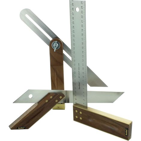 Hedue – Set d'équerres de menuisier – Lot de 3 pièces – Acier inoxydable et bois de noisetier – Précision 0,01 mm pour angle droit (1/5)