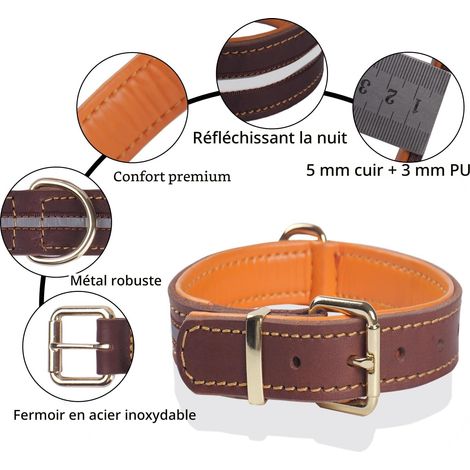 Collier pour chien en cuir épais et confortable avec bande réfléchissante et boucle robuste, collier réglable pour dressage et promenade en toute sécurité (1/5)