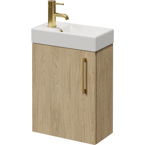 Napoli Cube Light Oak 400mm Wall Mounted Single Door Vanity Unit with Align Basin - 400mm - Brushed Brass 160mm Handle