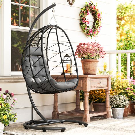 Sedia sospesa da esterno, modello Egg Chair, resistente alle intemperie, con cuscino incluso, 102 cm x 102 cm x 195 cm, grigio scuro. (1/5)