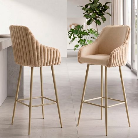 Lote de 2 sillas de bar con reposabrazos de 78 cm, modelo North, de terciopelo acanalado color crema (1/5)
