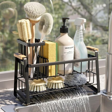 Porte-éponge pour Èvier de Cuisine, Organiseur à 2 Niveaux de Évier avec Porte-Brosse, Accessoires de Rangement pour Comptoir de Cuisine, Organisateur de Distributeur de Savon, Antirouille (1/5)