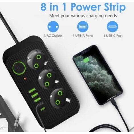 NALOOKAMIC Multiprises 3 Prises, Multiprise avec Interrupteur, 4 Port USB A et 1 Port USB C, Bloc Multiprise Parafoudre et Surtension, Câble 2M, 10A 2500W, pour Maison, Bureau (Noir)