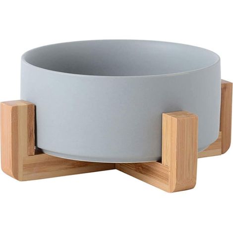 Round Ceramic Bowl for Dog and Cat, Durable Non-Slip Ceramic Pet Bowls with Wooden Frame (Grey) (1/5)