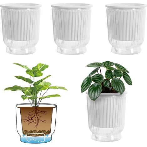 Juego de 4 macetas autorriego con cuerda de algodón, depósito de agua profundo, sistema de riego, para plantas de interior, transparentes, 12 x 14,5 cm (1/4)