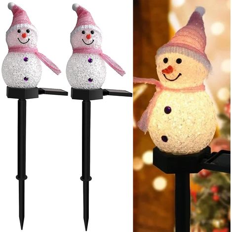Lot de 2 lumières solaires de bonhomme de neige de noël avec piquet, lumières d'extérieur solaires pour allée de noël, décorations de noël-rose (1/5)